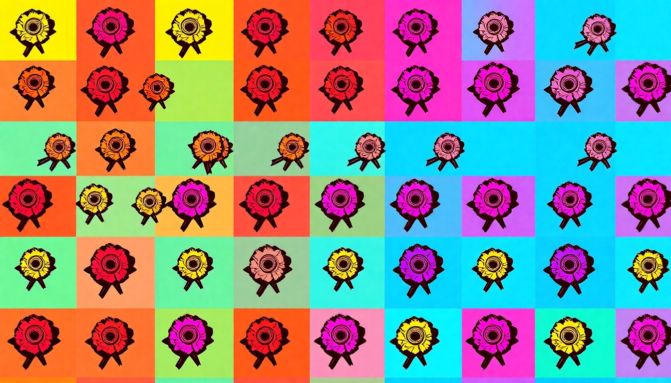 A brightly colored, high-contrast silkscreen print of a single, iconic prom-themed object such as a corsage or disco ball, repeated in a tight grid pattern, conceptually representing the vibrant energy and community of a senior prom celebration.