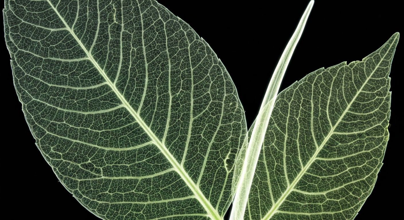 An abstract, ghostly X-ray image of a kratom leaf, its delicate internal structures revealed in glowing lines against a dark background, conceptually representing the hidden dangers of the plant-based extract.