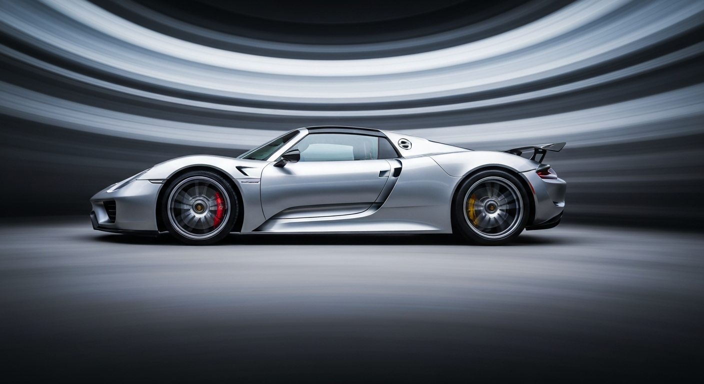An abstract, motion-blurred image of a Porsche 918 Spyder supercar, its sleek lines and vibrant blue, grey, and silver colors conveying a sense of raw power and velocity.
