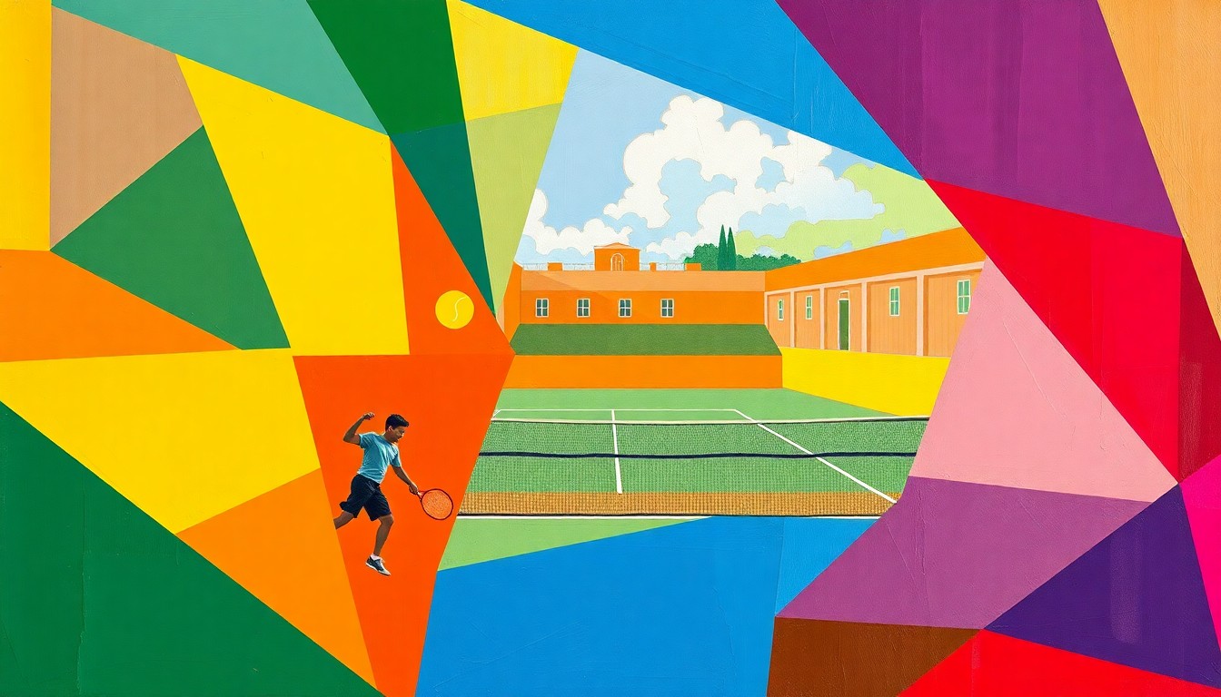 A cubist, geometric painting depicting a high school tennis match, with overlapping planes of color representing the players and court.