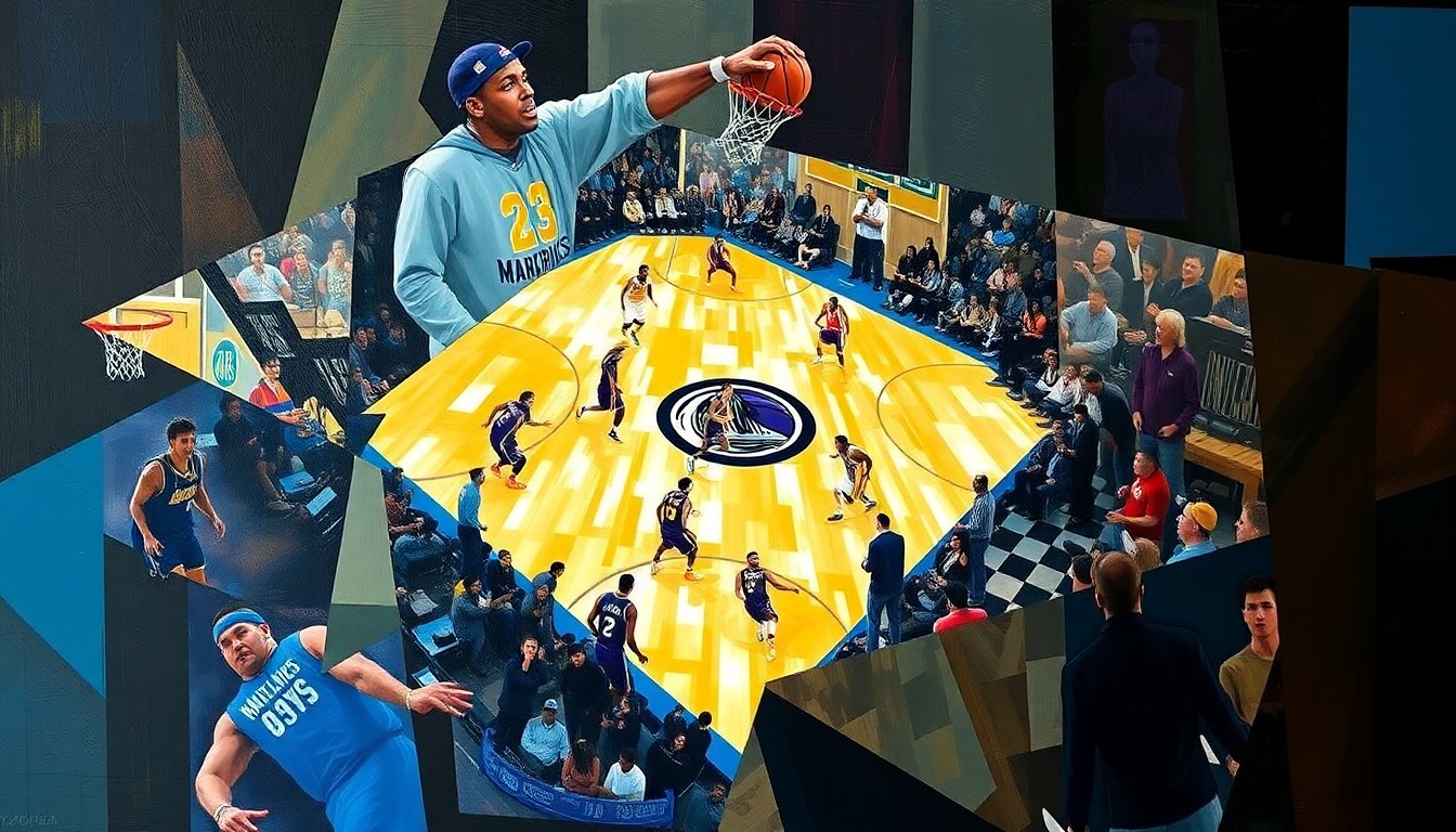 A fractured, geometric painting depicting the movements and energy of a basketball game, with sharp, overlapping planes of color and form representing the players and action on the court.