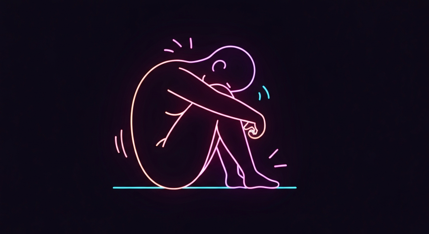 A minimalist illustration in neon lines depicts a person curled up in a fetal position, conveying the emotional discomfort and need to retreat that some experience during the summer months.