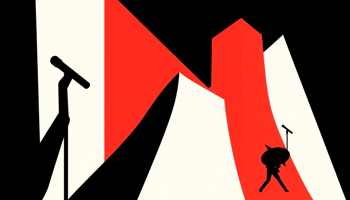 An abstract, minimalist illustration composed of striking red and white geometric shapes, conceptually representing the music industry and the idea of talent development.