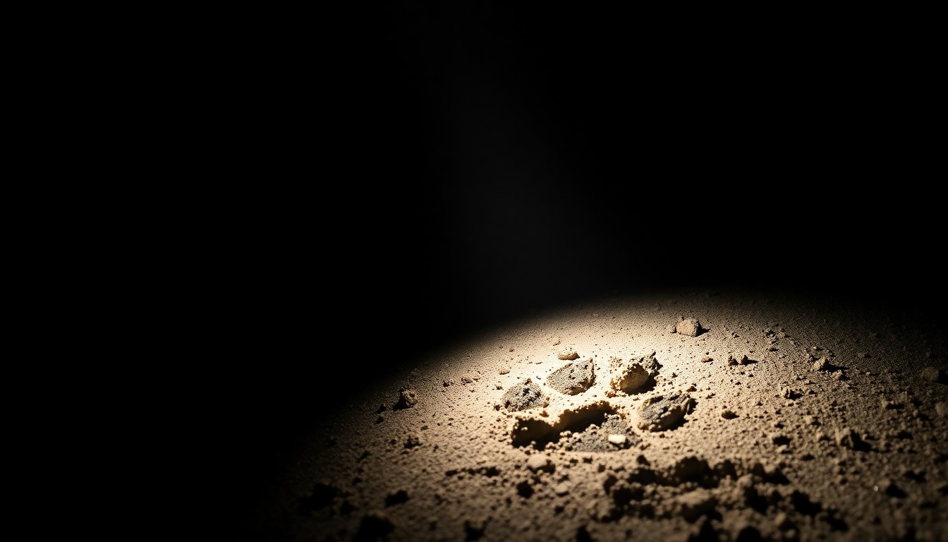 An extreme close-up photograph of a wolf's paw print in the dirt, lit by a harsh, direct camera flash against a pitch-black background, conceptually illustrating the investigation into a recent incident where a toddler entered a zoo's wolf exhibit.