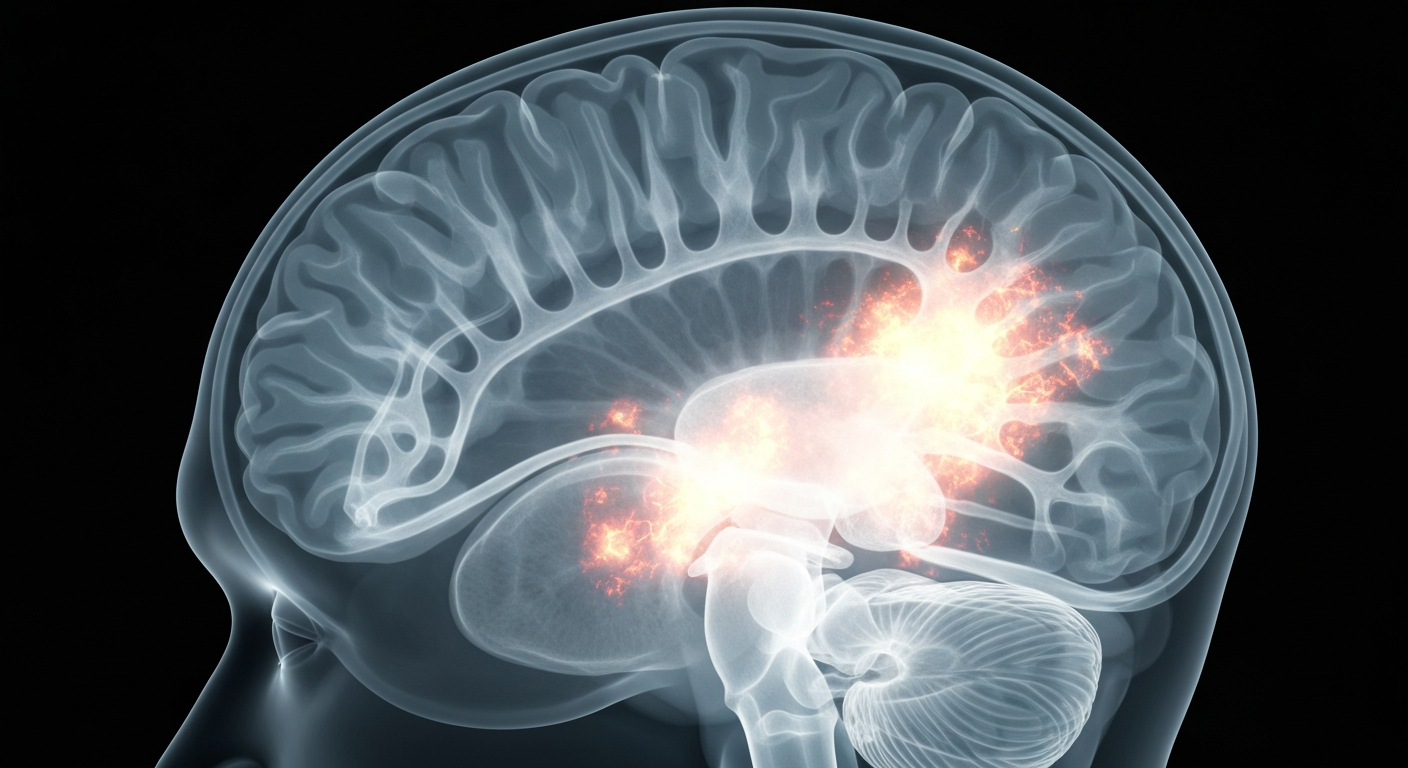 An extreme close-up X-ray photograph showing the intricate, ghostly structures of a human brain, with visible signs of damage and deterioration associated with chronic traumatic encephalopathy.
