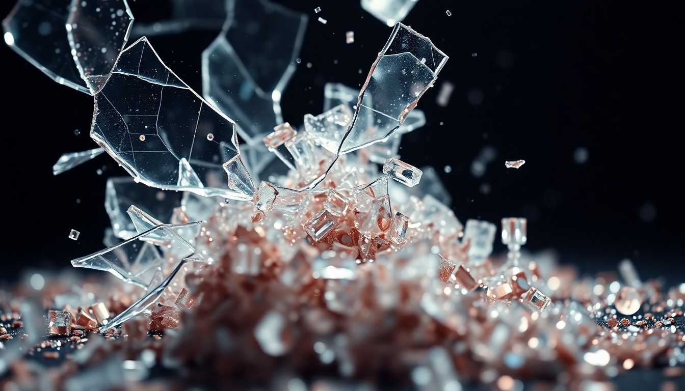 An extreme close-up of shattered glass and glittering sequins in dramatic high-contrast lighting, conceptually representing the complex relationship between Caitlyn Jenner and Sophia Hutchins.