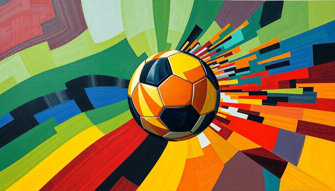 A dynamic, abstract painting of a soccer ball in motion, its form fragmented and repeated in overlapping geometric shapes and vibrant colors, conveying a sense of speed and energy.