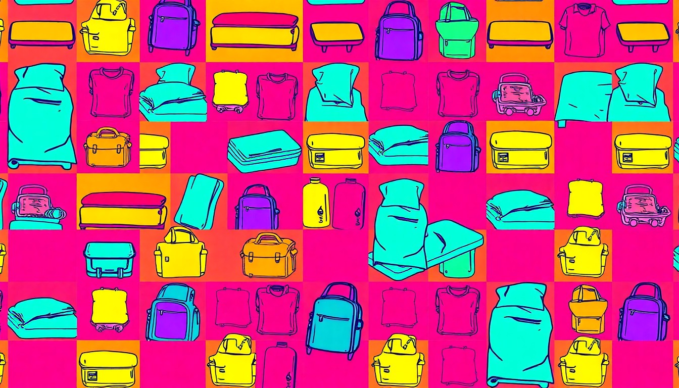 A high-contrast, silkscreen-style illustration of a single homeless shelter item, such as a bed or backpack, repeated in a grid pattern using vibrant, unnatural colors and heavy black outlines, conceptually representing KARM's shift to a more focused, pop art-inspired approach to addressing homelessness in Knoxville.