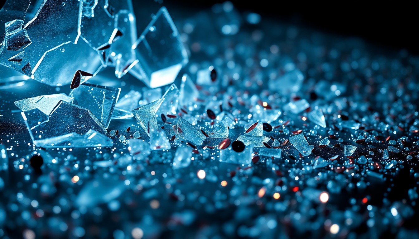 An extreme macro photograph of shattered glass and glittering sequins, using dramatic studio lighting to create a high-contrast, glamorous aesthetic that conceptually represents the complex issues surrounding celebrity, mental health, and interactions with police.