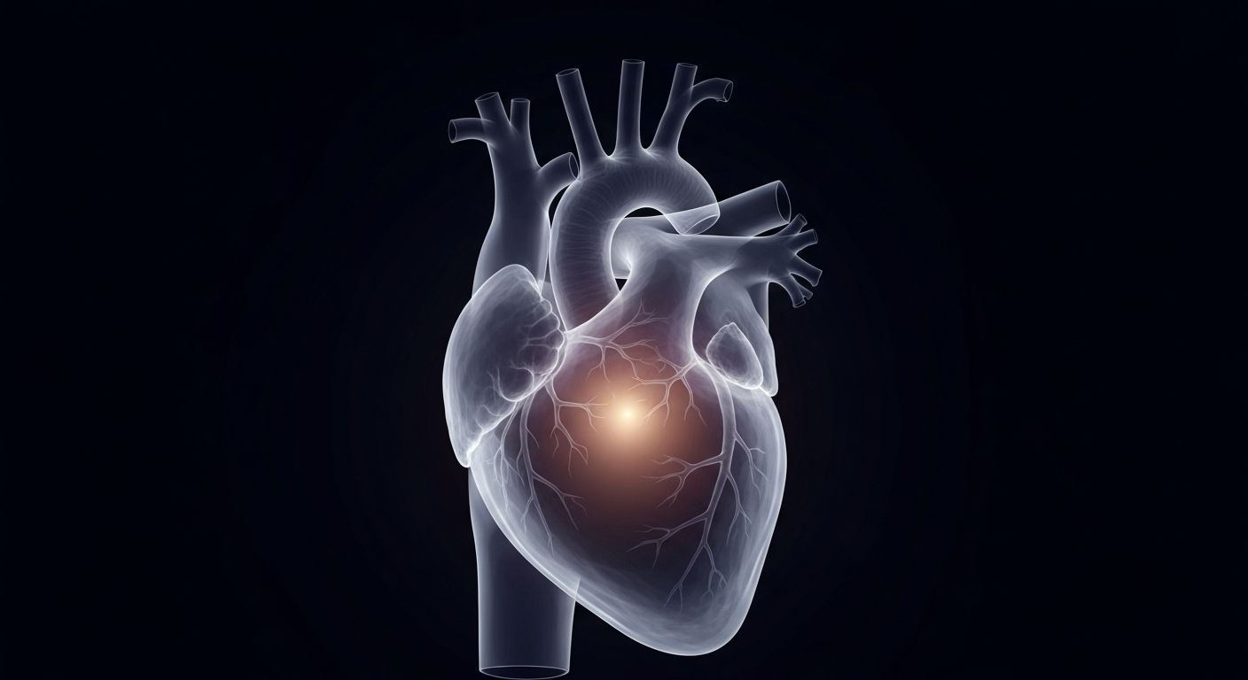 A ghostly, translucent X-ray image of a human heart, glowing with an inner light against a dark background, conceptually representing the life-saving heart transplant that allowed the couple to marry before the surgery.