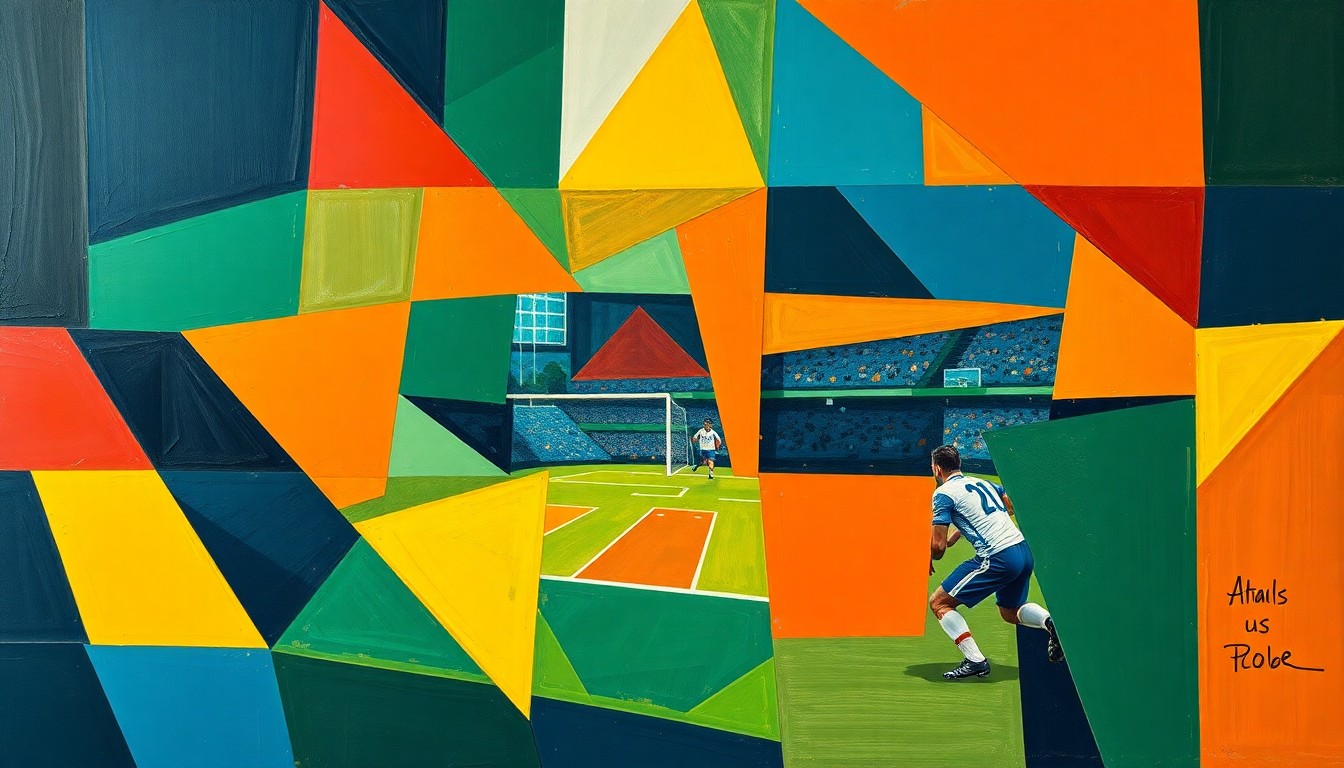 A fractured, cubist-style painting depicting the action and energy of a football game, with sharp geometric shapes and planes in deep navy, forest green, and burnt orange colors, capturing the conceptual essence of a high-stakes trade negotiation.