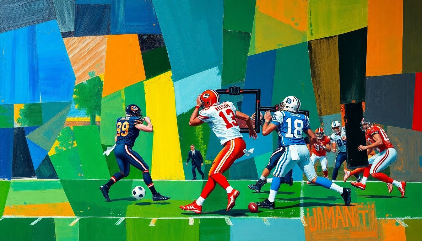 A cubist-style painting depicting a football quarterback's movements broken down into sharp, overlapping geometric shapes in a vibrant color palette, conveying the conceptual idea of a veteran player mentoring a young prospect.