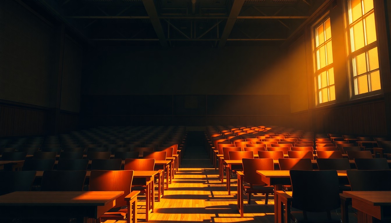 A serene, cinematic painting of an empty college lecture hall, with rows of wooden desks and chairs illuminated by warm, diagonal sunlight, conveying a sense of contemplation and change in the academic sphere.