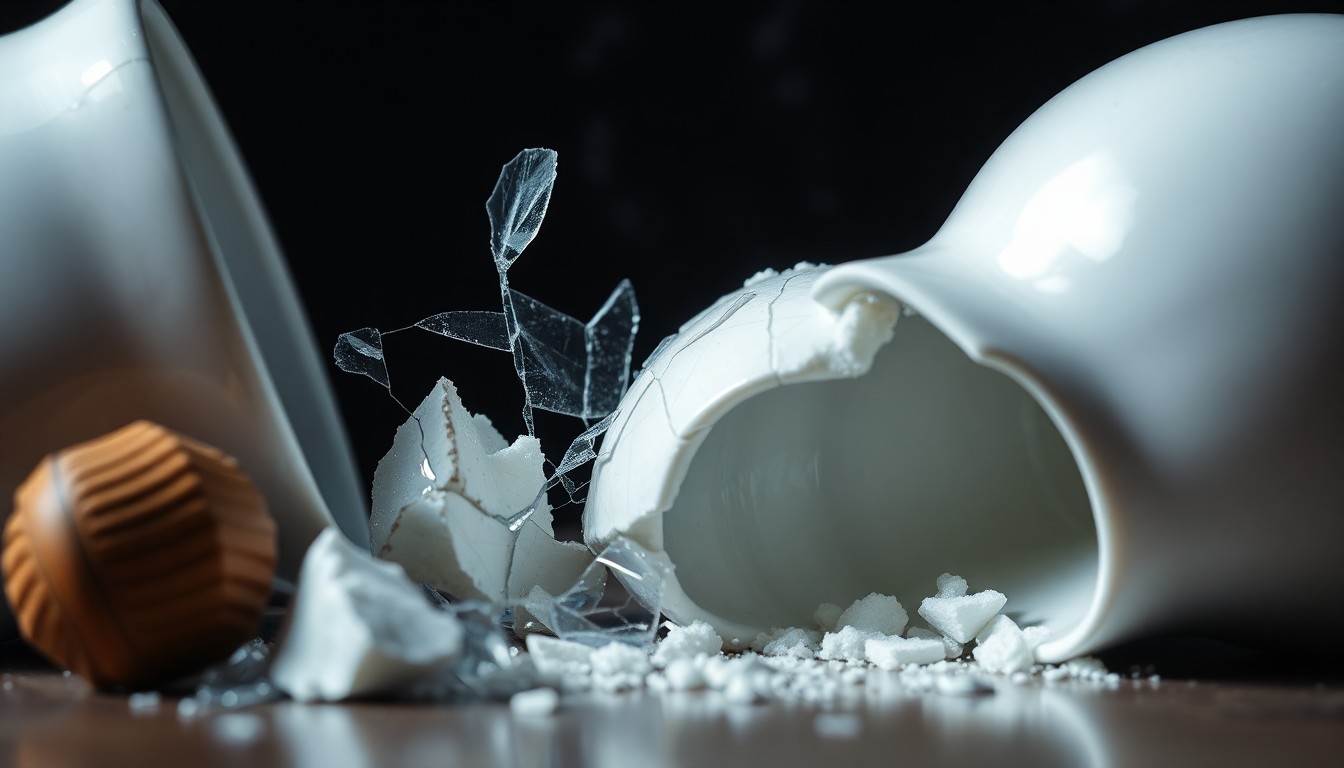 An extreme close-up photograph of shattered glass and cracked porcelain, capturing the fragility and damage of an abusive relationship through dramatic, high-contrast studio lighting and abstract, high-fashion textures.