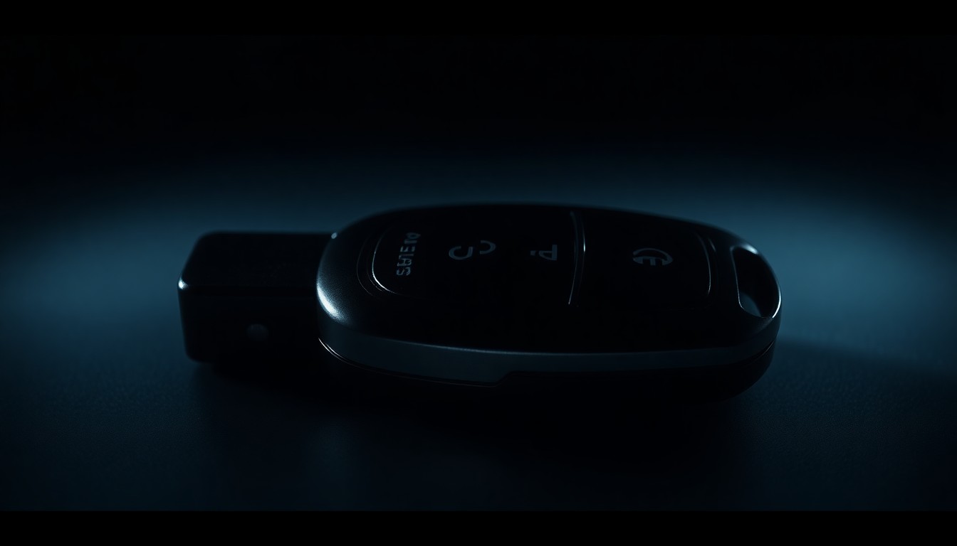 An extreme close-up photograph of a car key fob against a pitch-black background, lit by a harsh, direct camera flash, capturing the metallic texture and dramatic shadows to create a stark, gritty, investigative aesthetic.