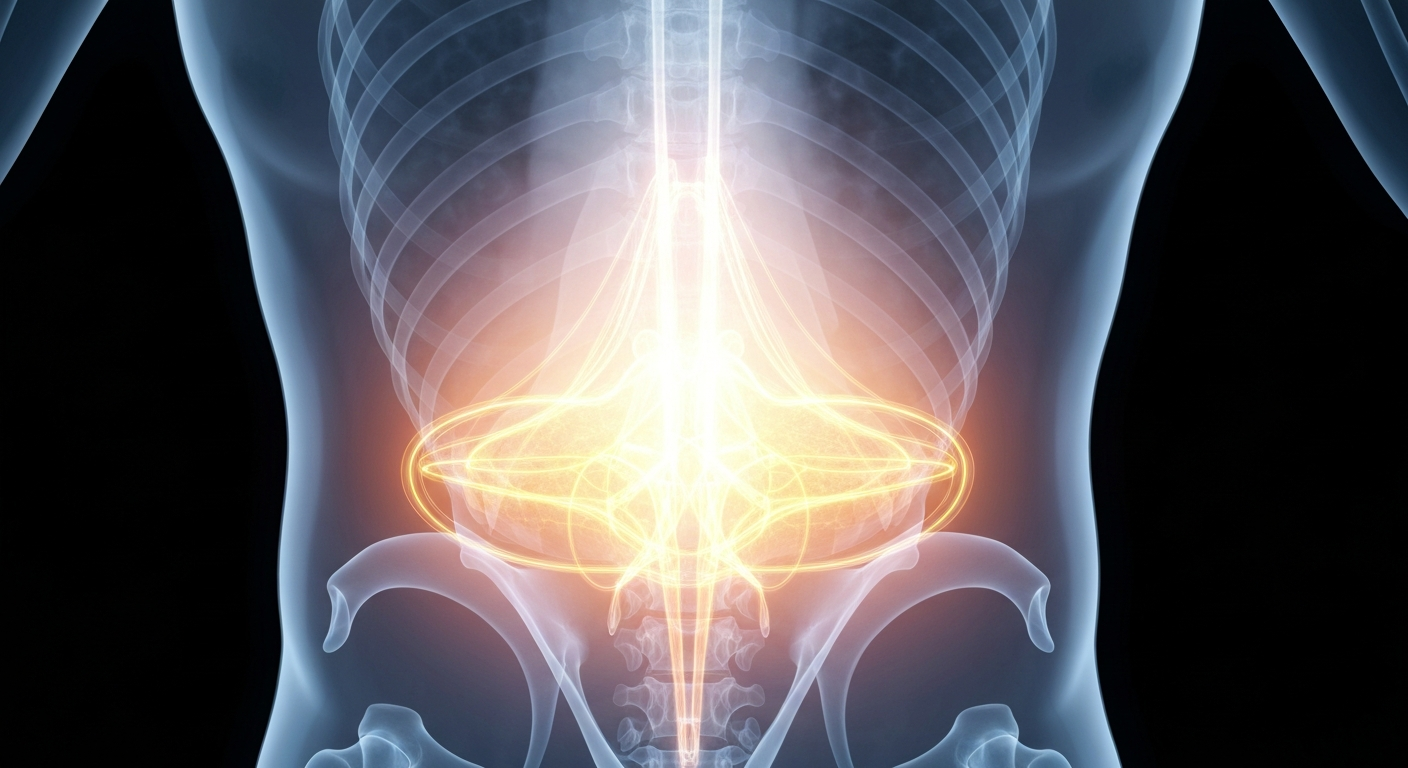 A ghostly, translucent X-ray photograph revealing the internal structures of a human torso, with glowing lines and shapes conceptually representing the medical complexities and human cost of a botched tummy tuck procedure.