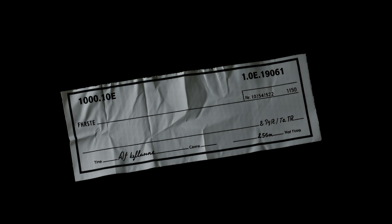 An extreme close-up of a crumpled, torn check stub against a pitch-black background, lit by a harsh, direct camera flash, conceptually illustrating the gritty details of a financial crime investigation.