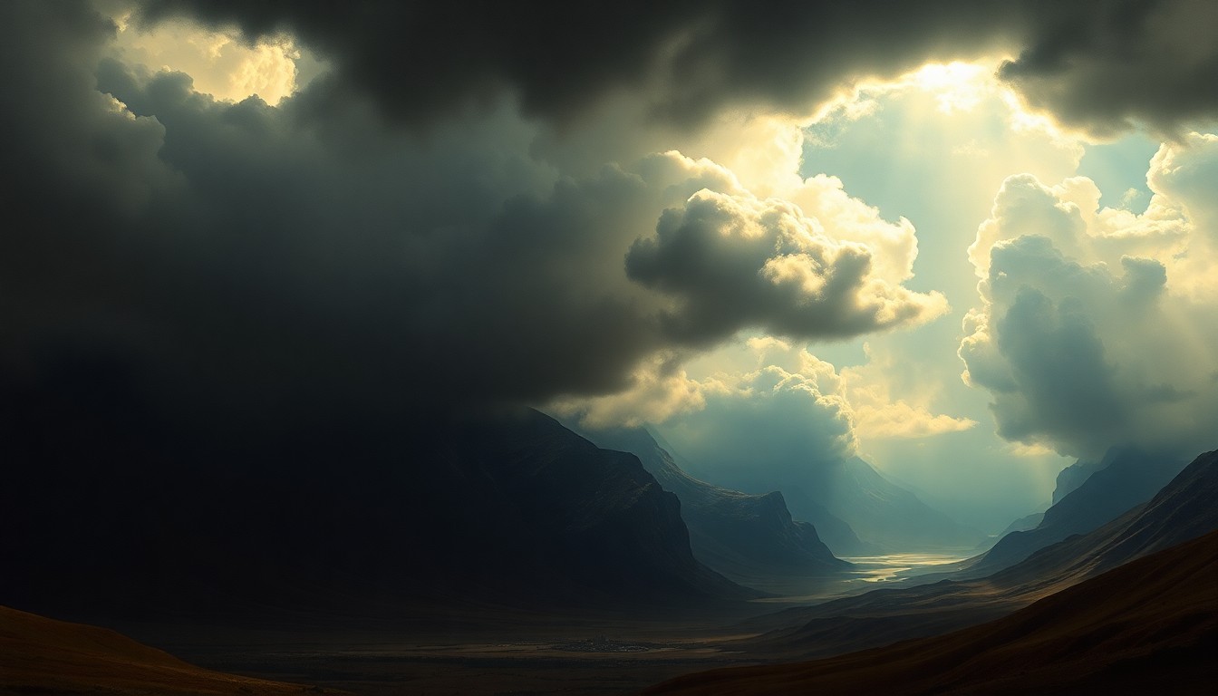 A vast, atmospheric landscape painting in muted tones of gray, blue, and green, with dramatic clouds and lighting dominating the scene and dwarfing any physical structures or objects in the foreground.