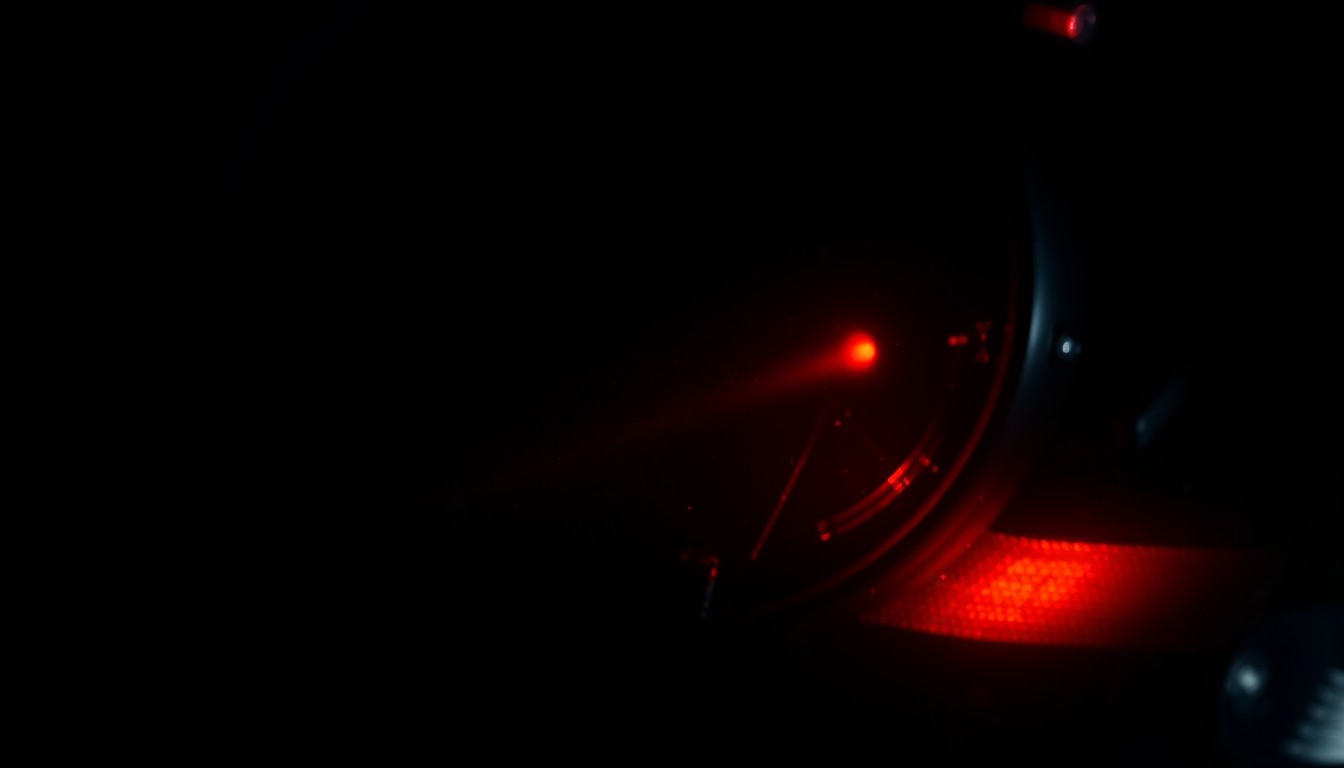 An extreme close-up of a shattered car sensor lens reflecting a faint red light, conceptually illustrating the damage caused by a vehicle leaving the road and striking a house.