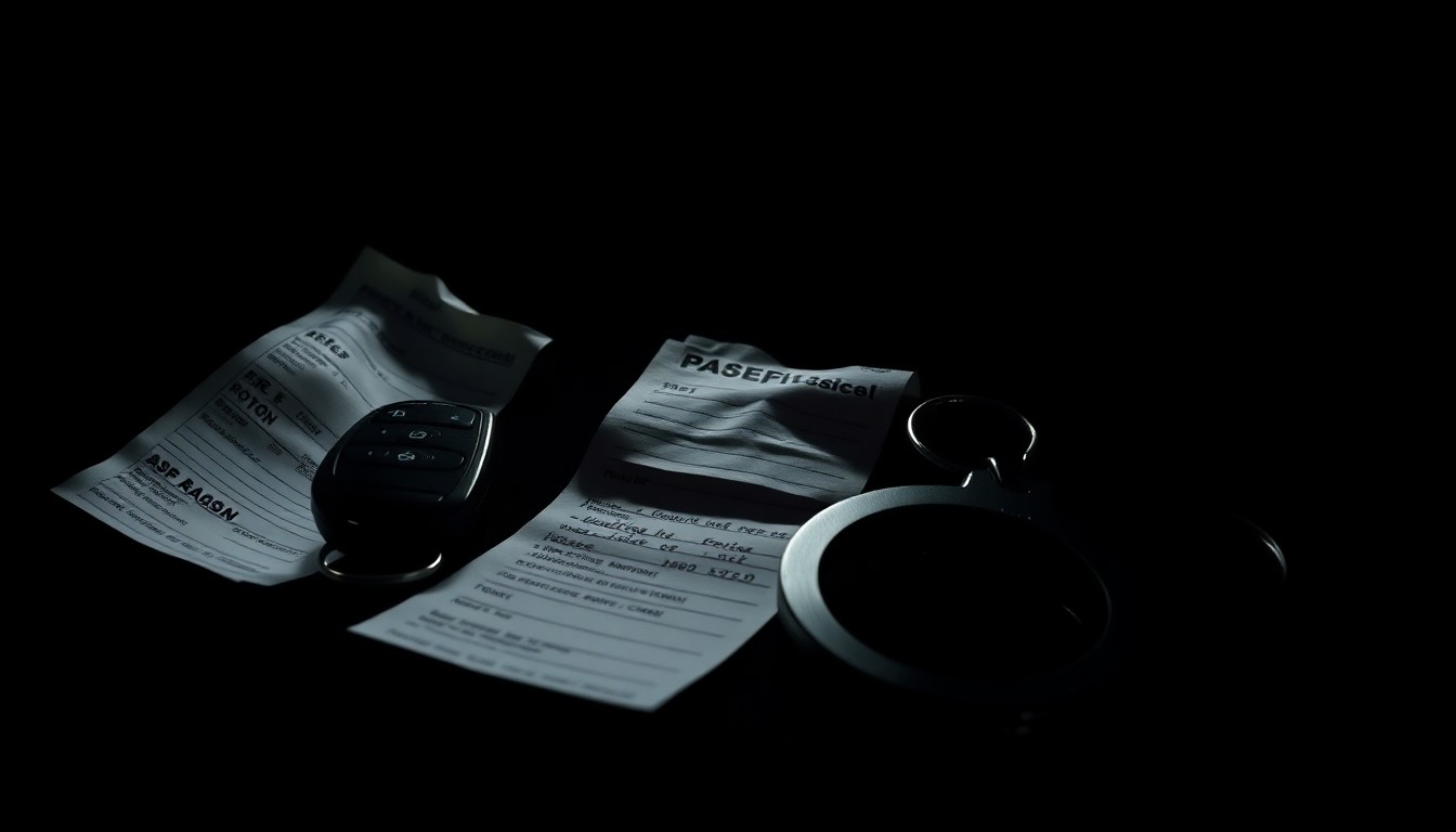 An extreme close-up photograph of a car key, a crumpled traffic ticket, and a pair of handcuffs, conceptually representing the aftermath of a DWI incident.