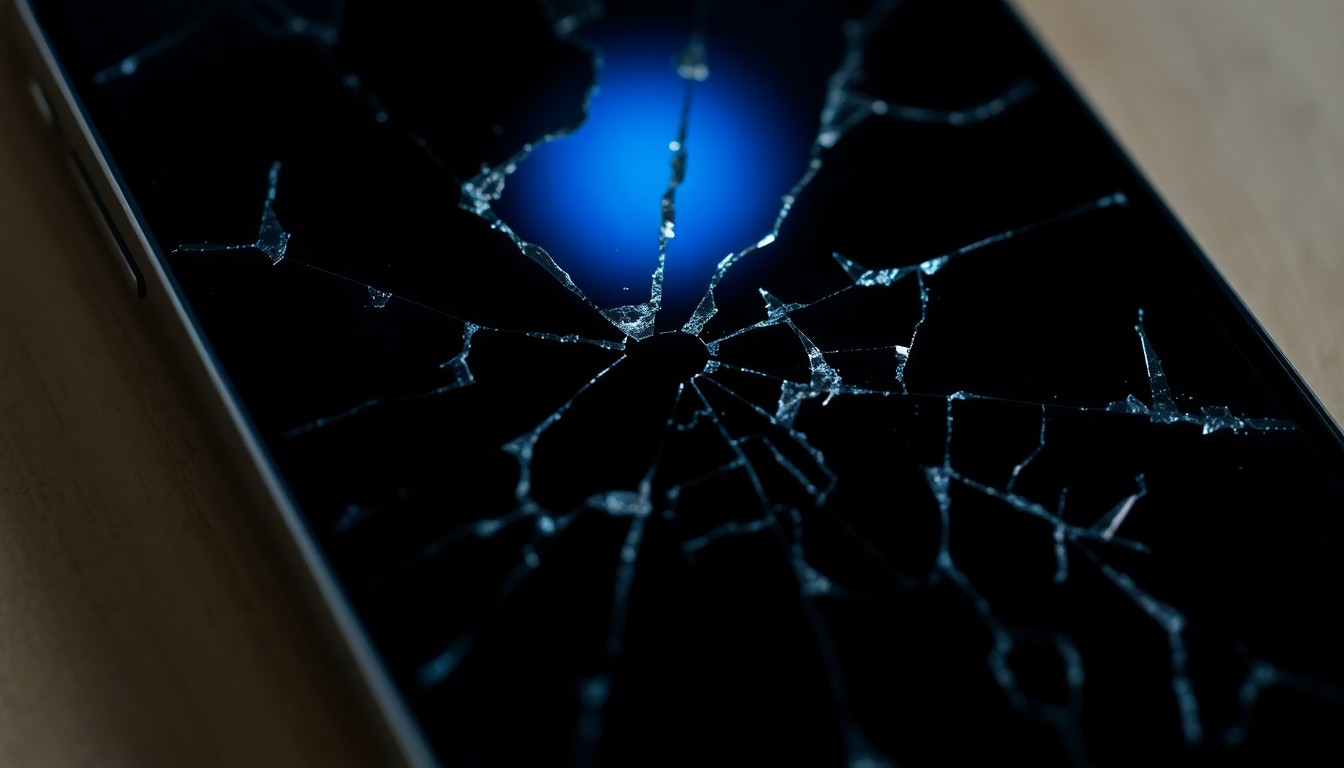 An extreme close-up of a shattered smartphone screen reflecting a faint blue light, conceptually representing the aftermath of a violent robbery incident.