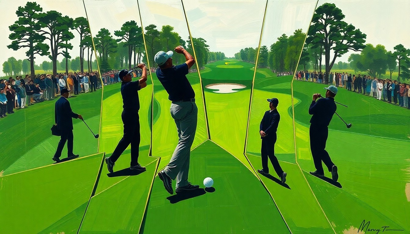 A fractured, cubist painting depicting the geometric shapes and overlapping perspectives of a golf tee shot at the Masters, with the players' silhouettes dissolving into the abstract composition.