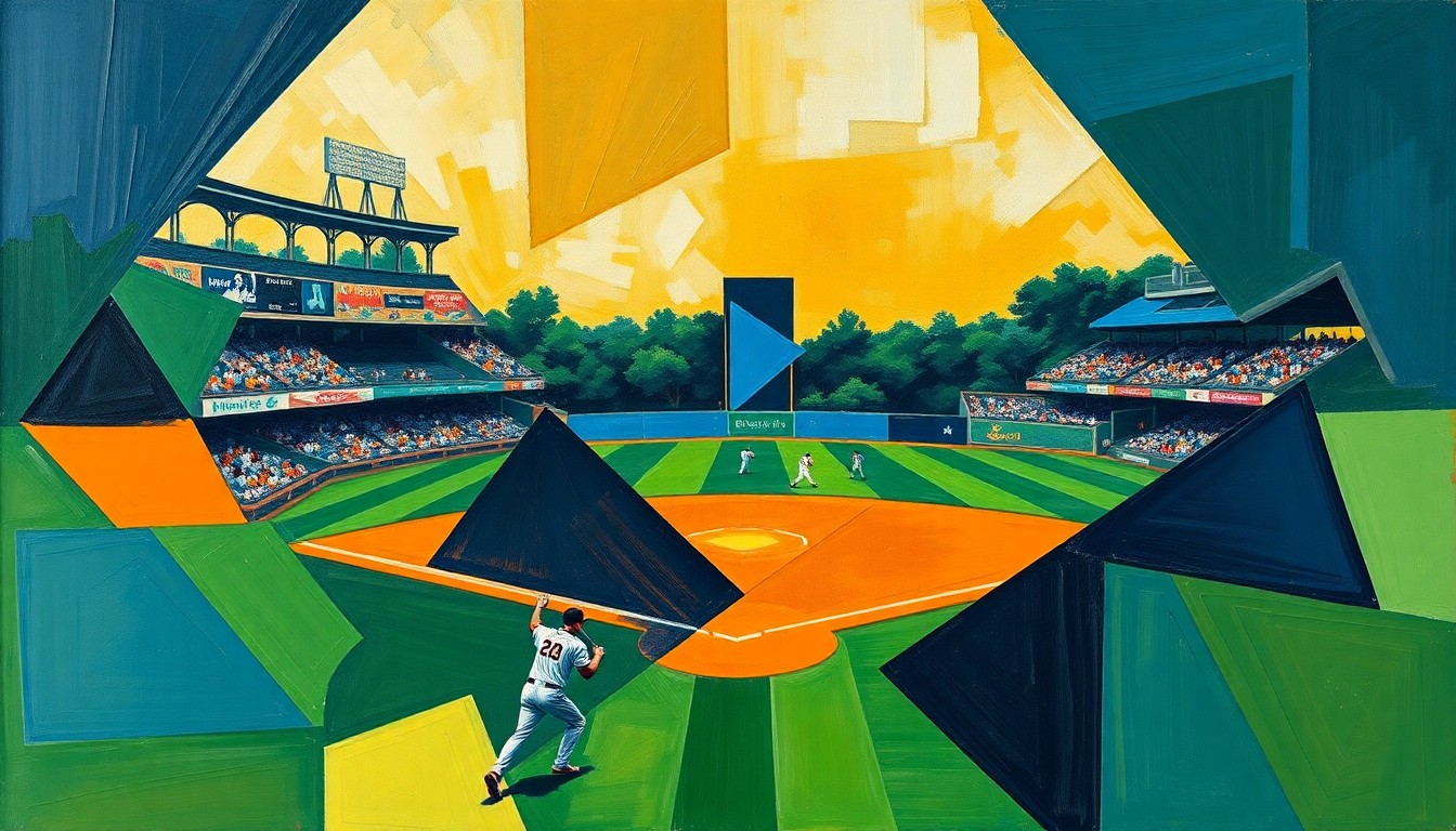 A cubist, geometric painting depicting a baseball game in progress, with the players and field abstracted into sharp, overlapping shapes in a vibrant color palette, conveying the raw emotion and intensity of the sport.