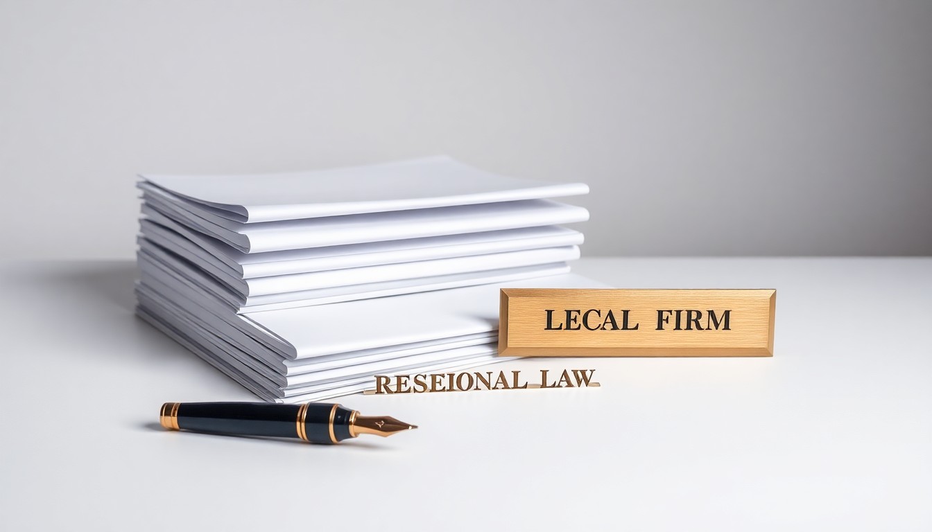 A photorealistic studio still life featuring a stack of legal documents, a fountain pen, and a brass nameplate on a clean, monochromatic background, conceptually representing the growth and success of a regional law firm.