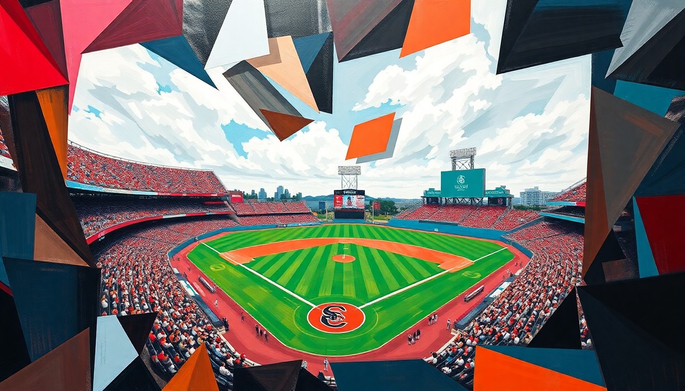 A fractured, geometric painting in bold, vibrant colors representing the upcoming college baseball matchup between South Carolina and College of Charleston, with sharp, overlapping planes conveying the intensity of the game.