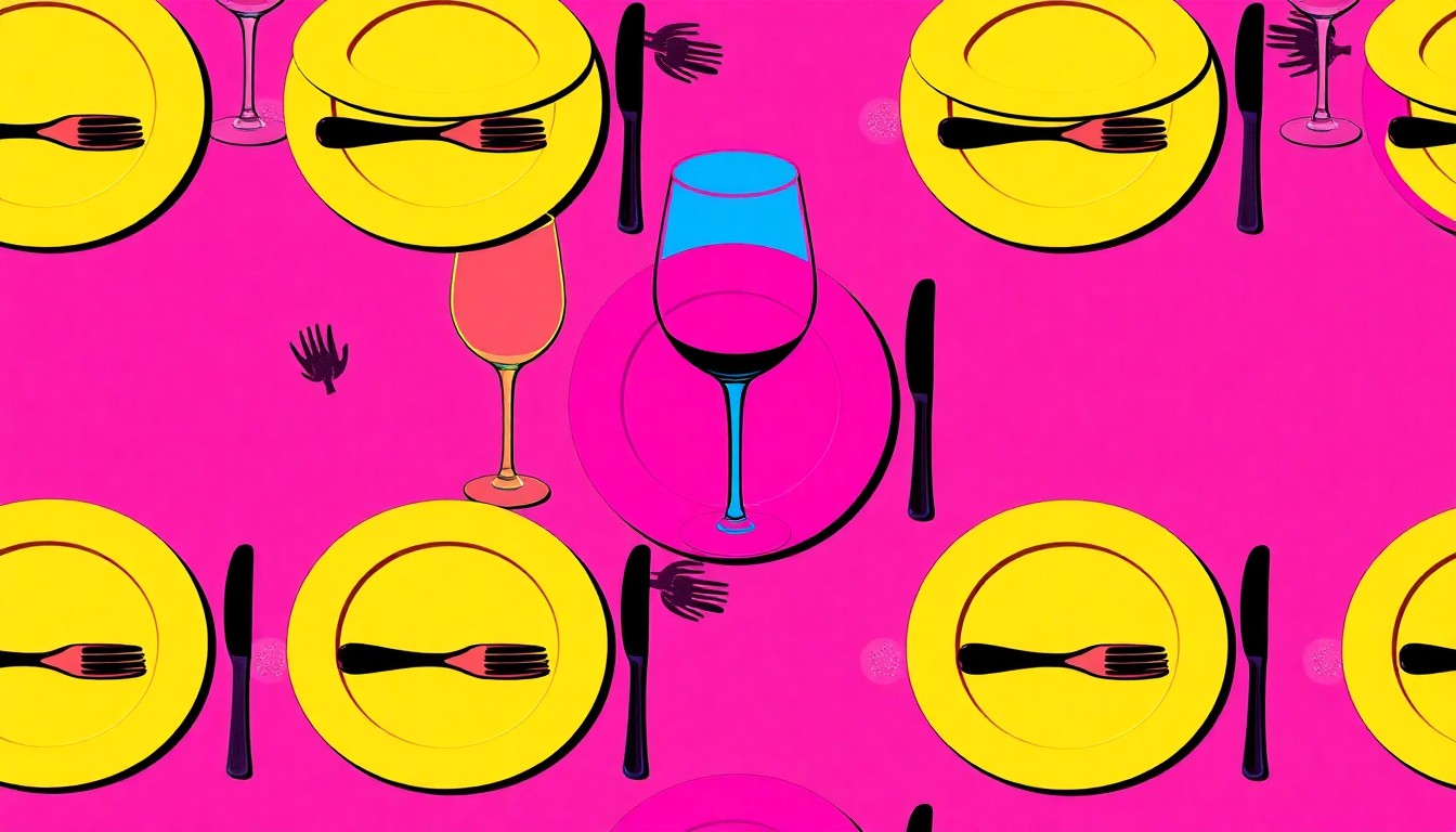 A high-contrast silkscreen print featuring a repeated pattern of a wine glass in bold neon colors, conceptually representing the upscale yet accessible dining experience of the new Hundredfold restaurant.