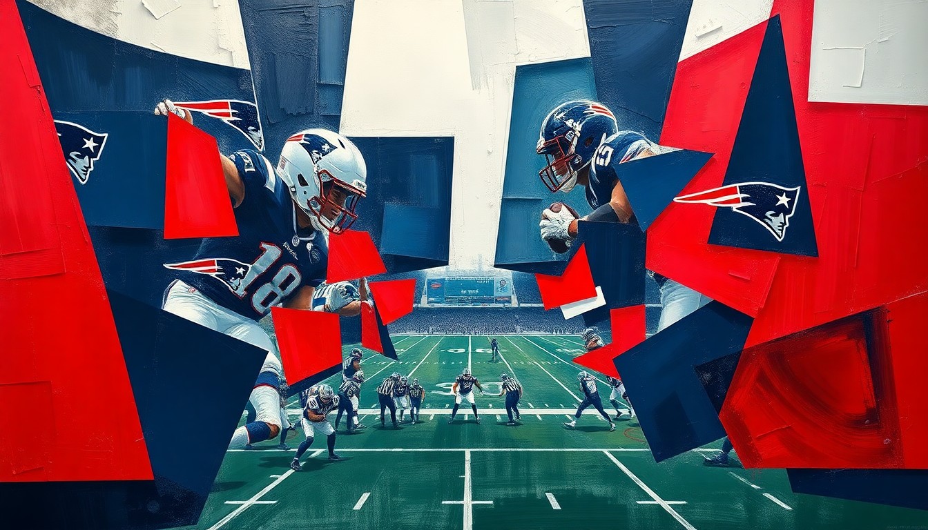 A cubist, geometric painting depicting fragmented, overlapping shapes and planes in navy, red, and silver, representing the action and movement of a Patriots football game or practice.