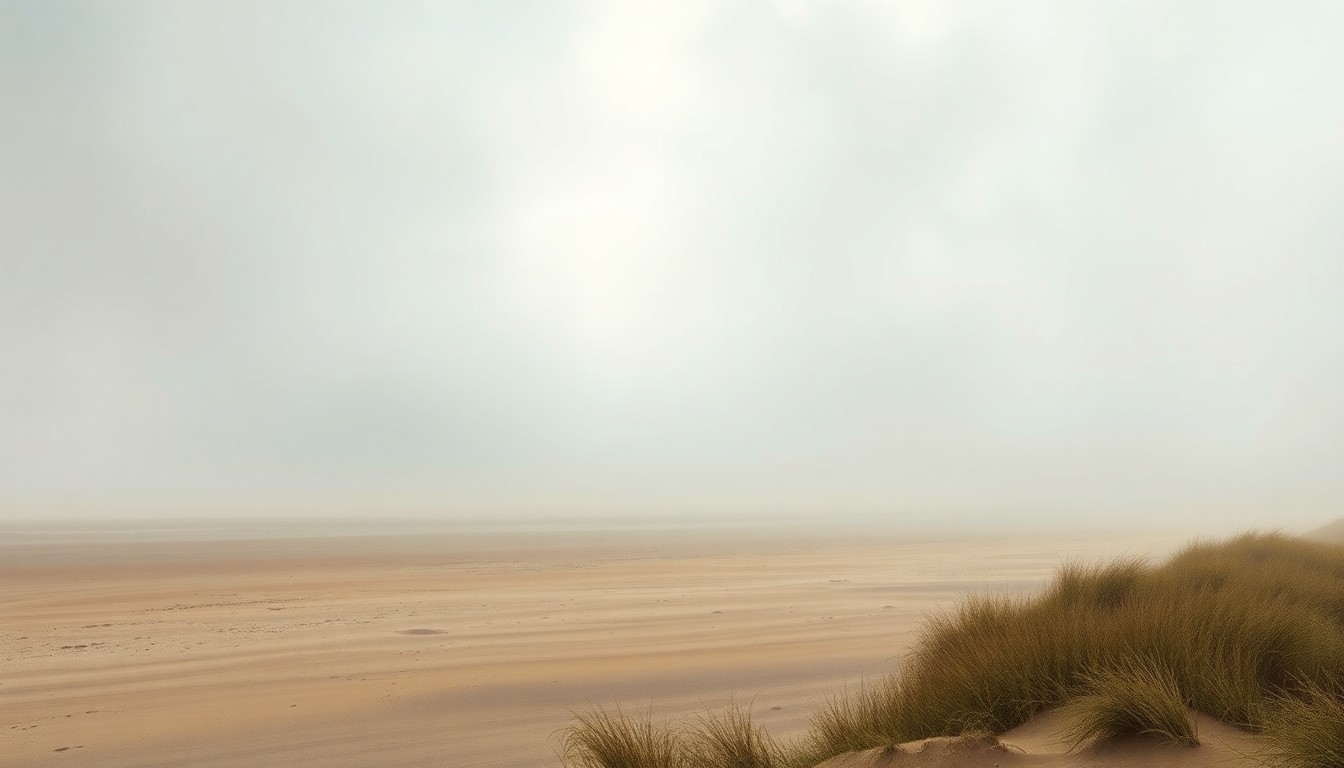 A vast, atmospheric landscape painting depicting a serene, fog-shrouded beach with only the faint outline of dunes and grasses visible, conveying the mood of a weather-worn coastal environment.
