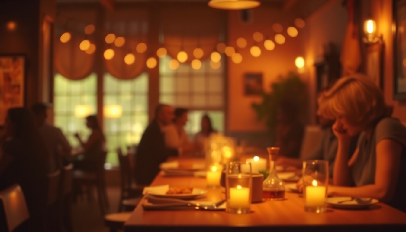 A soft, atmospheric photograph in warm, muted tones depicting the blurred silhouettes of people enjoying a meal in a cozy, intimate dining setting, conveying the welcoming, Southern hospitality vibe of the Tupelo Honey restaurant.