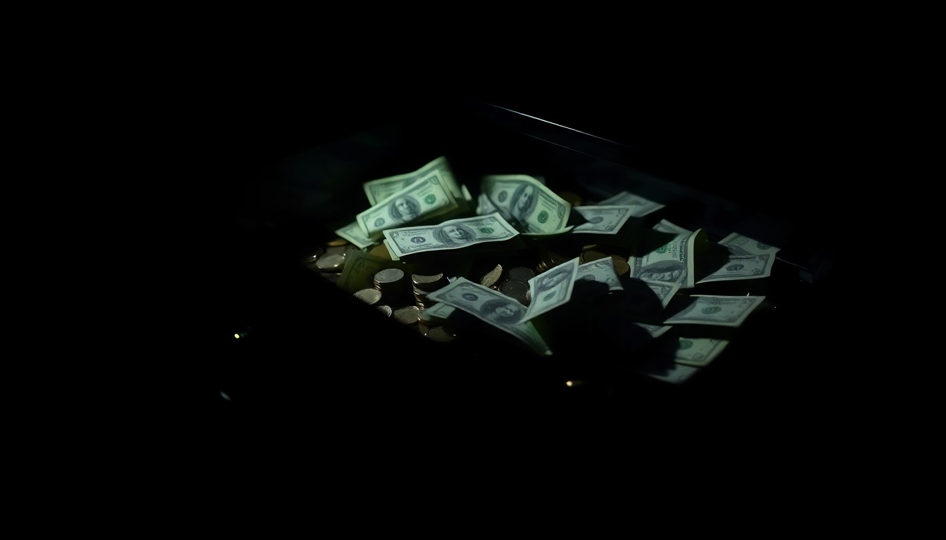 An extreme close-up photograph of a bank teller's drawer with scattered bills and coins, lit by a harsh, direct camera flash against a pitch-black background, conceptually illustrating the aftermath of a bank robbery.