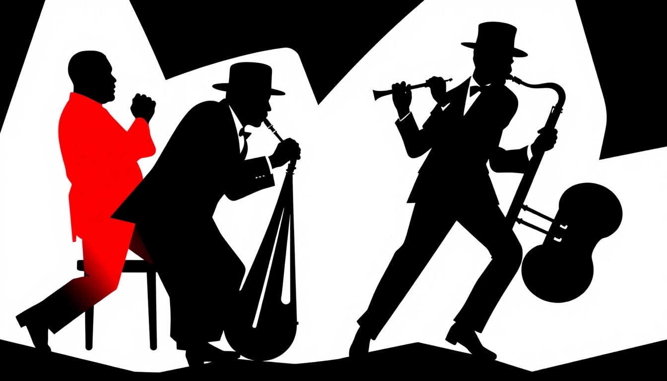 A bold, abstract illustration featuring stark geometric shapes and silhouettes in high-contrast colors, representing the musical styles and legacies of jazz legends Duke Ellington and Benny Goodman.