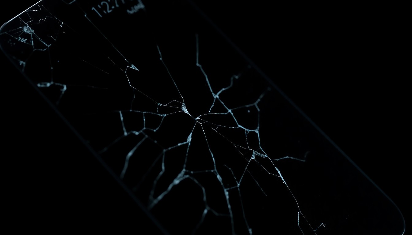 An extreme close-up photograph of a cracked and damaged mobile phone screen, lit by a harsh, direct camera flash against a pitch-black background, conceptually representing the investigation into digital evidence of child pornography.