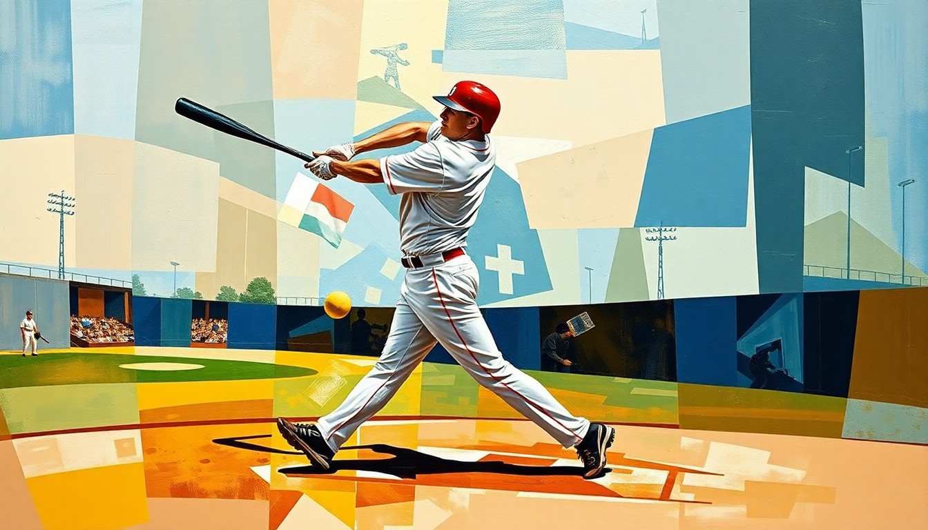 A fragmented, geometric painting depicting a baseball player swinging at a pitch, the figure and action broken down into sharp, overlapping planes of color and shape.