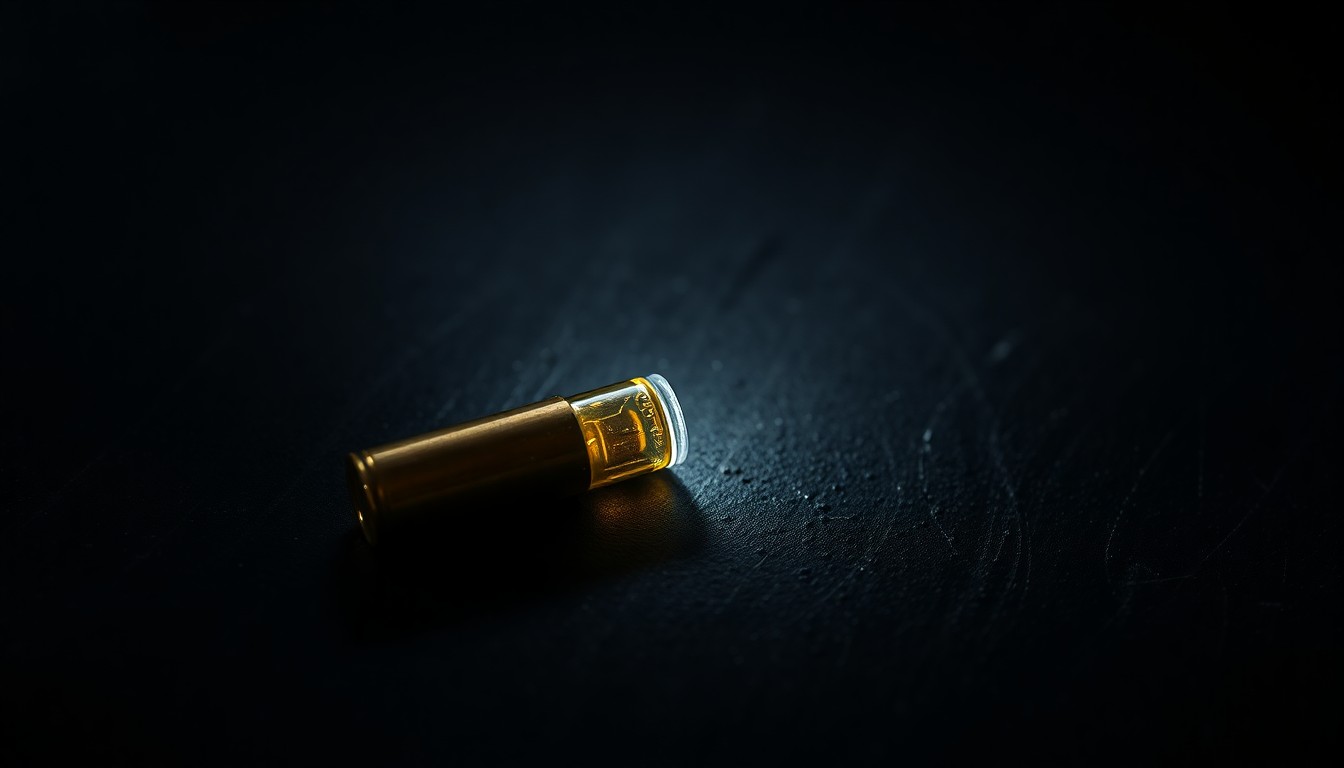 An extreme close-up of a single spent bullet casing on a dark, textured surface, lit by a harsh, direct camera flash, conceptually illustrating the violence of a domestic dispute.