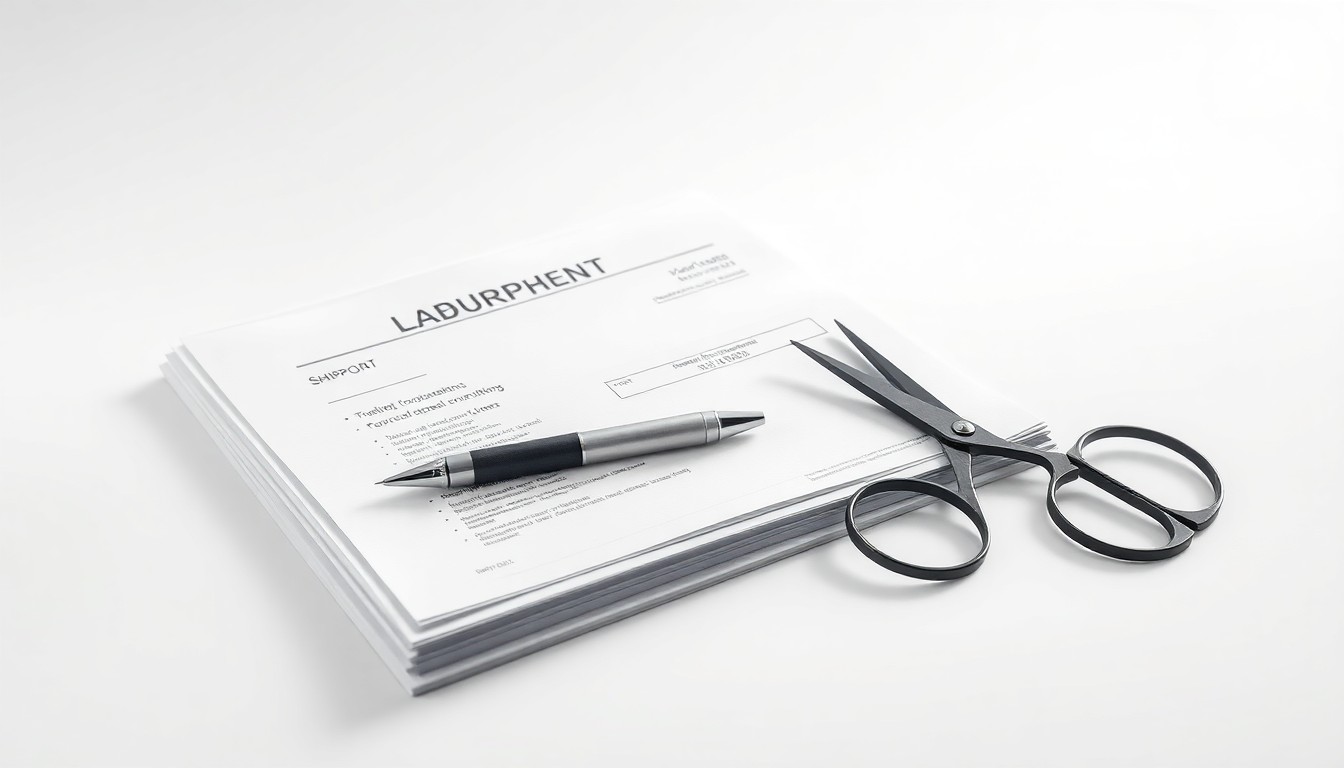 A high-end, photorealistic studio still-life photograph featuring a stack of shipping documents, a pen, and a pair of scissors arranged elegantly on a clean, white background, conceptually representing the core freight forwarding and customs brokerage services provided by the combined OIA Global and Cargo Services, Inc.