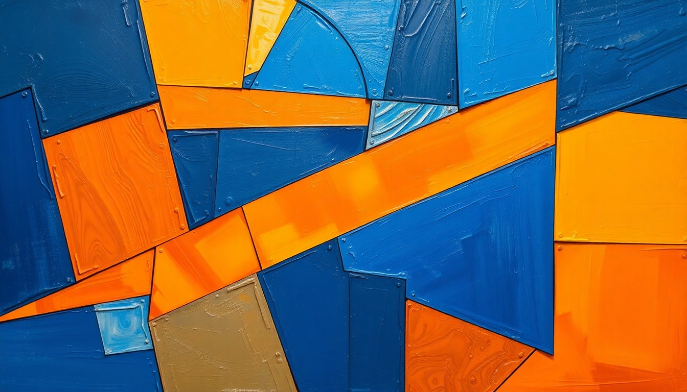 A cubist, geometric painting depicting a fragmented basketball court scene, with sharp planes of color and overlapping shapes representing the complexities of Mikel Brown Jr.'s tumultuous freshman season at Louisville.