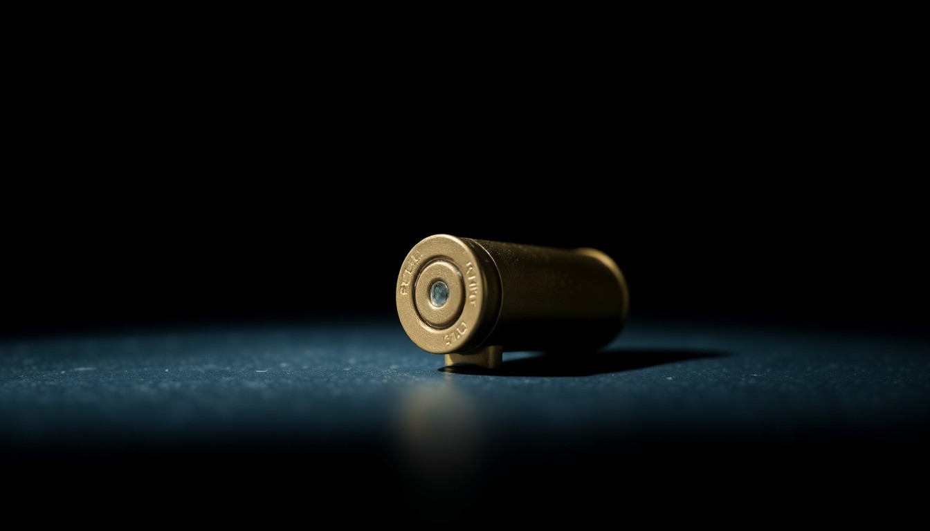 An extreme close-up photograph of a single bullet casing on a dark surface, lit by a harsh, direct camera flash, conceptually representing the aftermath of a shooting incident.