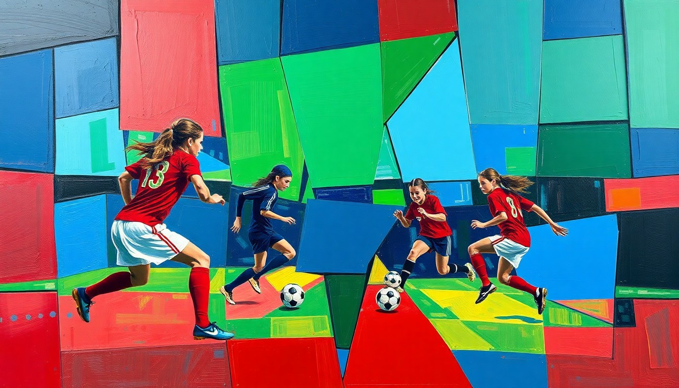 A fragmented, geometric painting depicting a high school girls soccer match, with sharp planes of navy, green, and red paint capturing the dynamic movement and competition of the game.