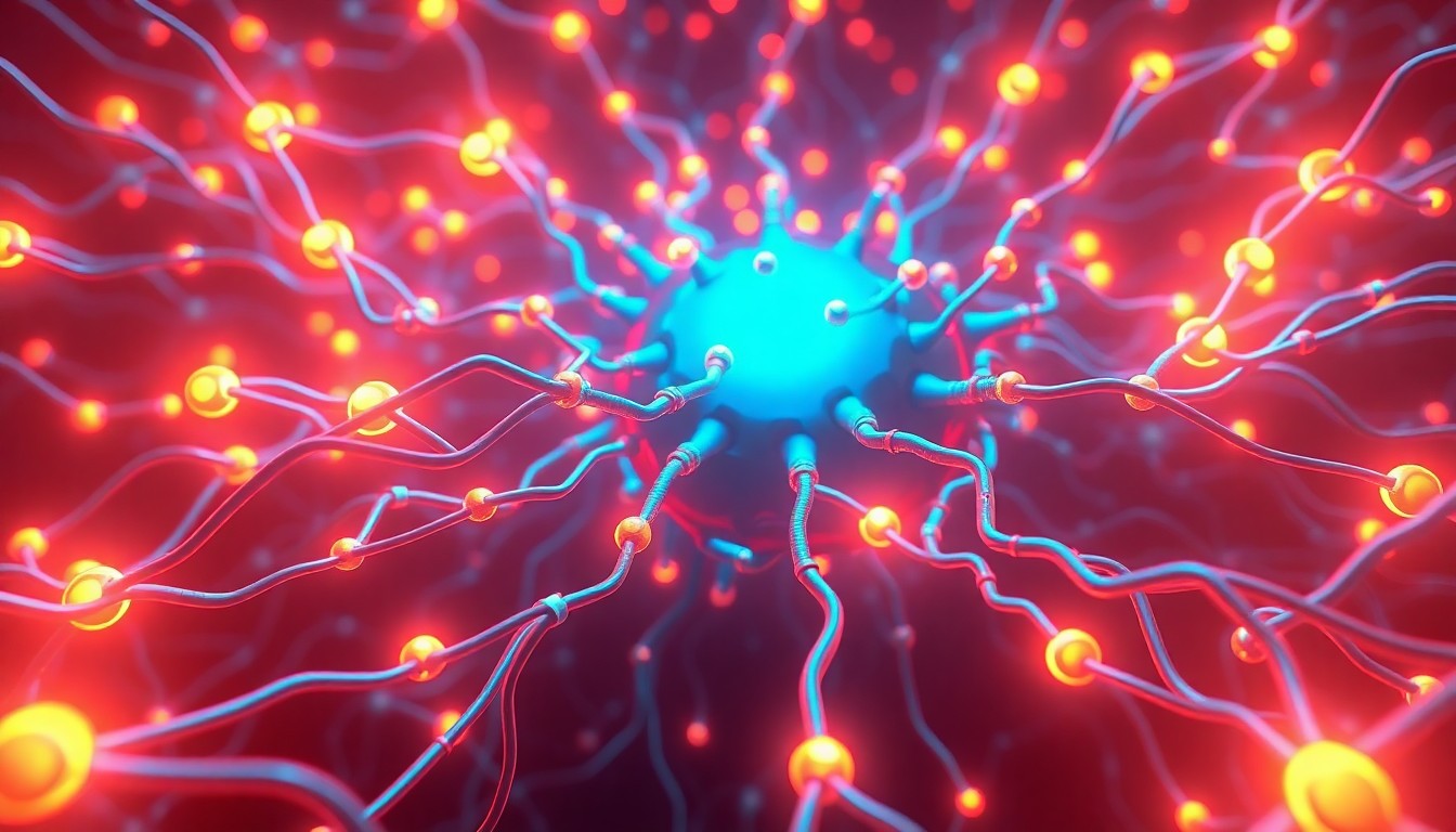 A highly detailed, 3D illustration of a glowing, neon-lit AI neural network, with pulsing nodes and interconnected cables, conveying the complex and powerful nature of the AI startup ecosystem and the frenzy of private investment.