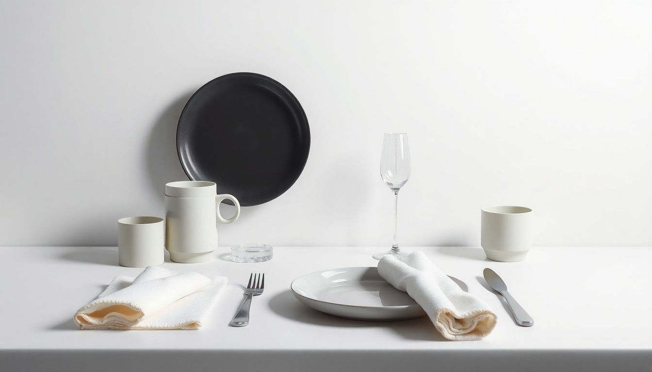 A high-end, photorealistic studio still-life photograph featuring a selection of premium tableware, utensils, and napkins arranged elegantly on a clean, monochromatic seamless background, conceptually representing the abstract concept of a new restaurant opening.