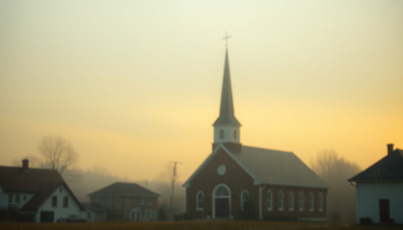 An extremely abstracted, out-of-focus photograph in soft pools of warm color and light, depicting the blurred outline of a small-town church steeple through a veil of condensation or rain, conceptually representing the quiet dignity and enduring community spirit of Barbara Lemons' life.
