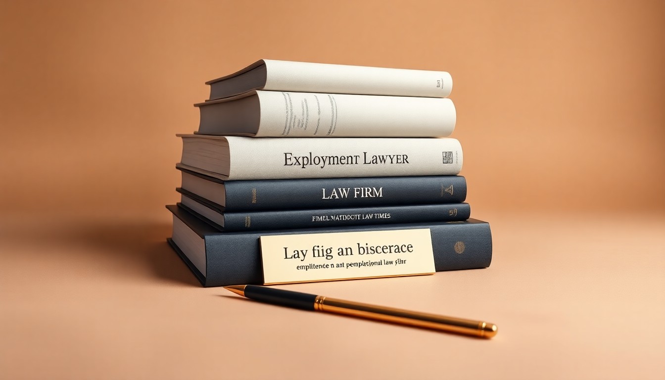 A photorealistic studio still life featuring a stack of law books, a nameplate, and a pen on a clean, monochromatic background, conceptually representing the return of an experienced employment lawyer to a prominent national law firm.