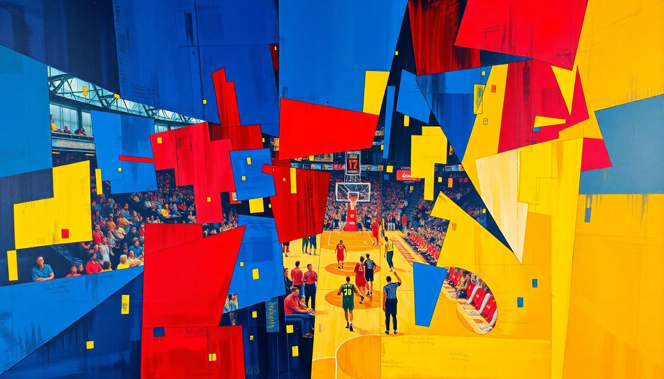 A cubist, geometric painting in deep blues, vibrant reds, and bold yellows, capturing the intense emotions and energy of a basketball championship game through fragmented, overlapping shapes and planes.