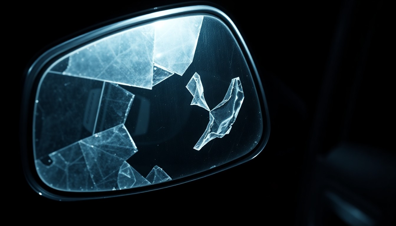 An extreme close-up photograph of a damaged car part, such as a broken side mirror or shattered glass, lit by a harsh, direct camera flash against a pitch-black background, conveying the gritty, investigative nature of a hit-and-run crime scene.
