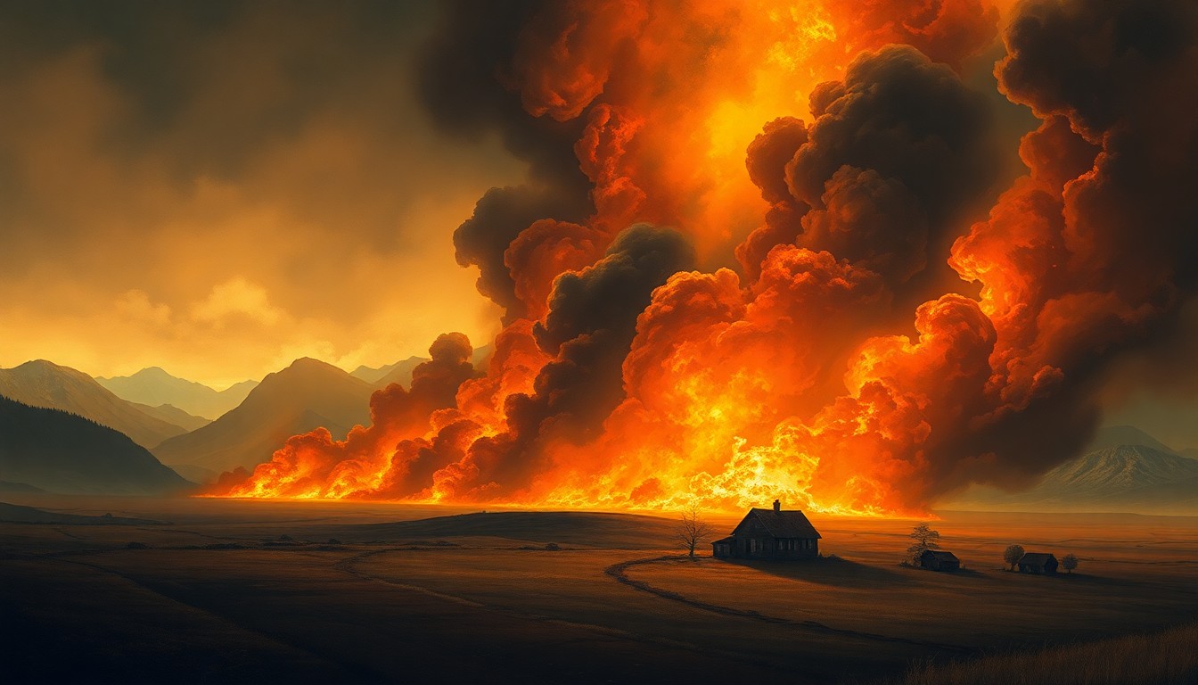 A vast, majestic landscape painting in muted earth tones, with a small rural home in the distance consumed by a raging wildfire. The scene conveys the overwhelming, sublime scale of the natural disaster through dramatic lighting and deep atmospheric perspective.