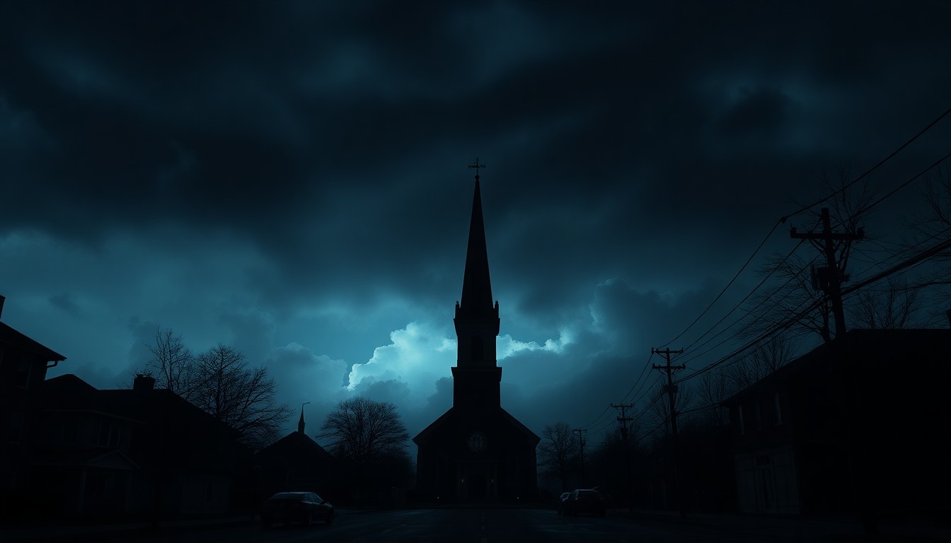 A moody, cinematic painting of a solitary church steeple silhouetted against a stormy sky, evoking a sense of spiritual unease and the looming threat of conflict.